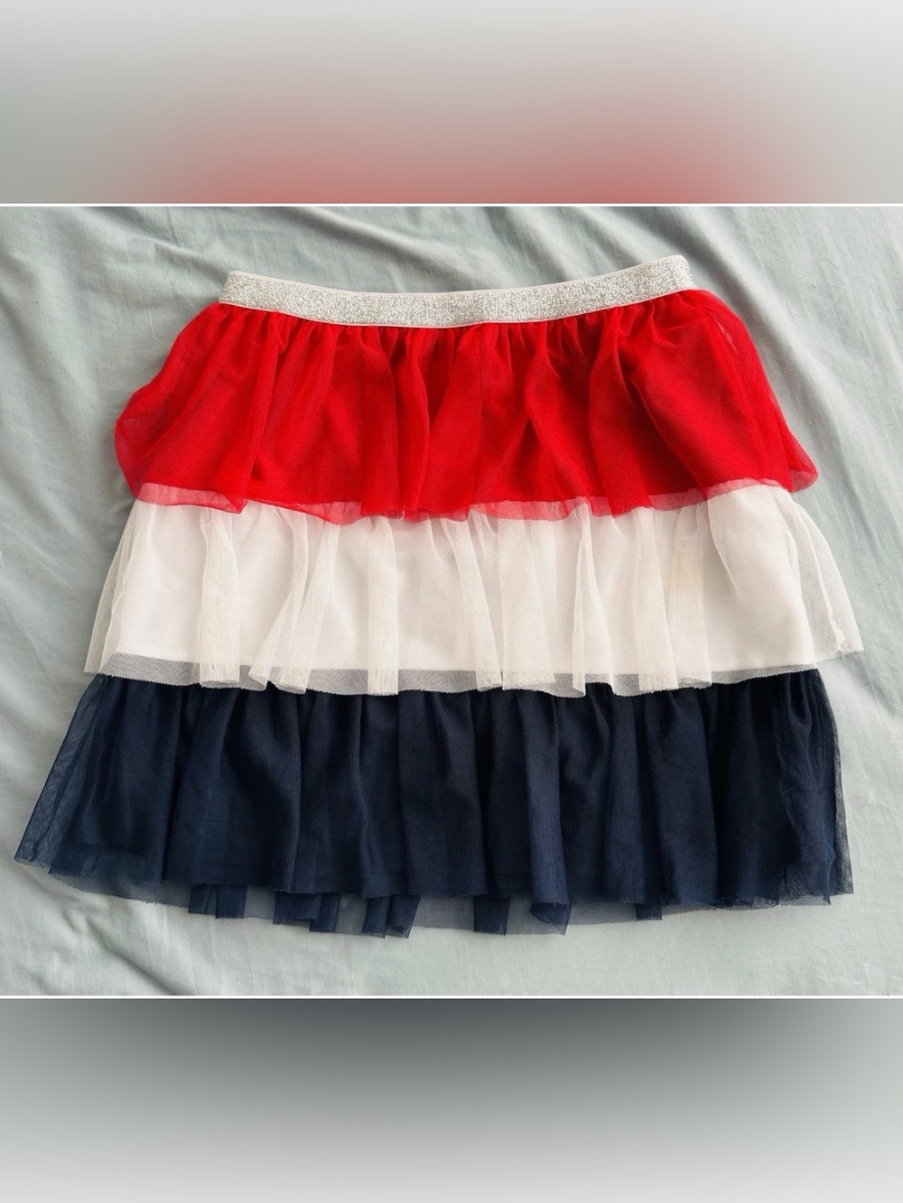 Girls' Red, White & Navy Tiered Tulle Skirt with Glitter Waistband